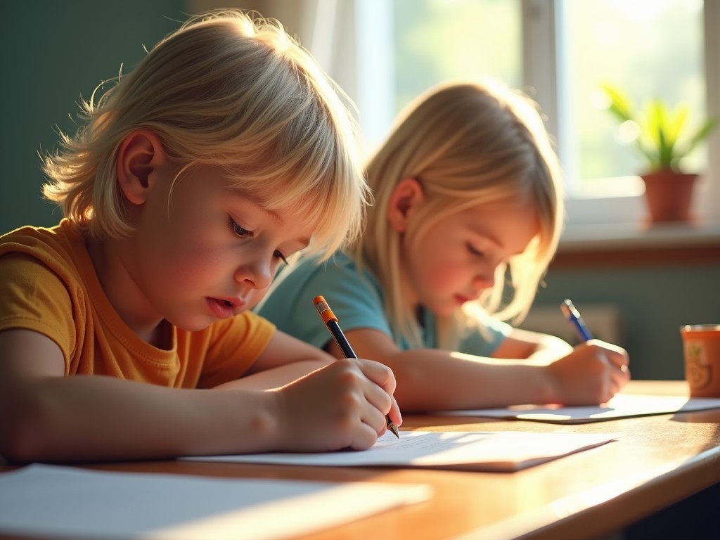 The image depicts two young children deeply engaged in writing or drawing at a wooden table, with sunlight streaming through a nearby window, casting a warm glow. The focused expression of the children highlights a serene moment of concentration and creativity. The setting is likely a home or a peaceful educational environment, with soft natural lighting adding a sense of calm and warmth.