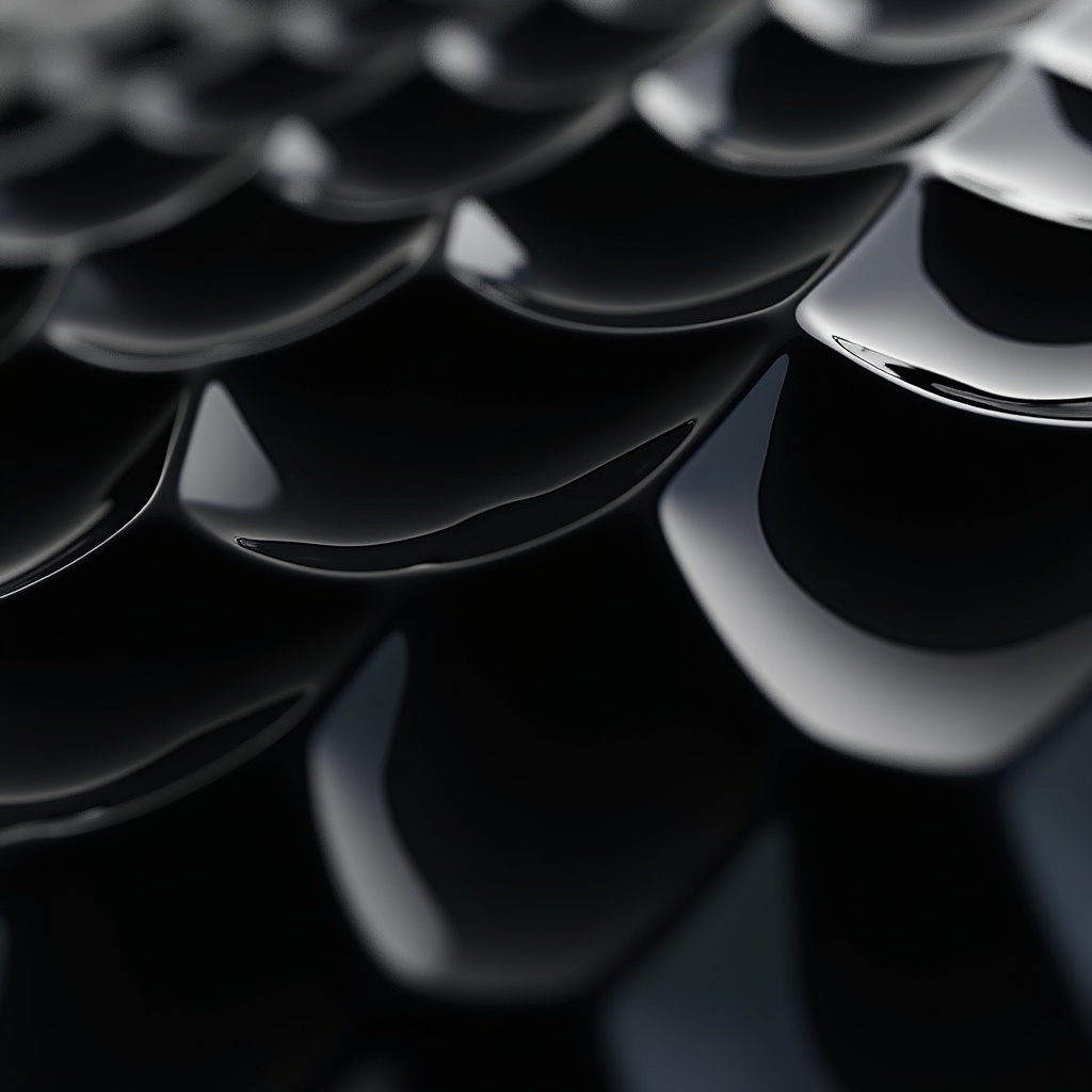 Close-up view of a black, honeycomb-like structure. Glossy surfaces reflect light. Abstract design emphasizes texture.