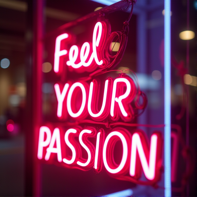 A vibrant, neon pink sign displaying the words 'Feel Your Passion' in a lively urban setting.