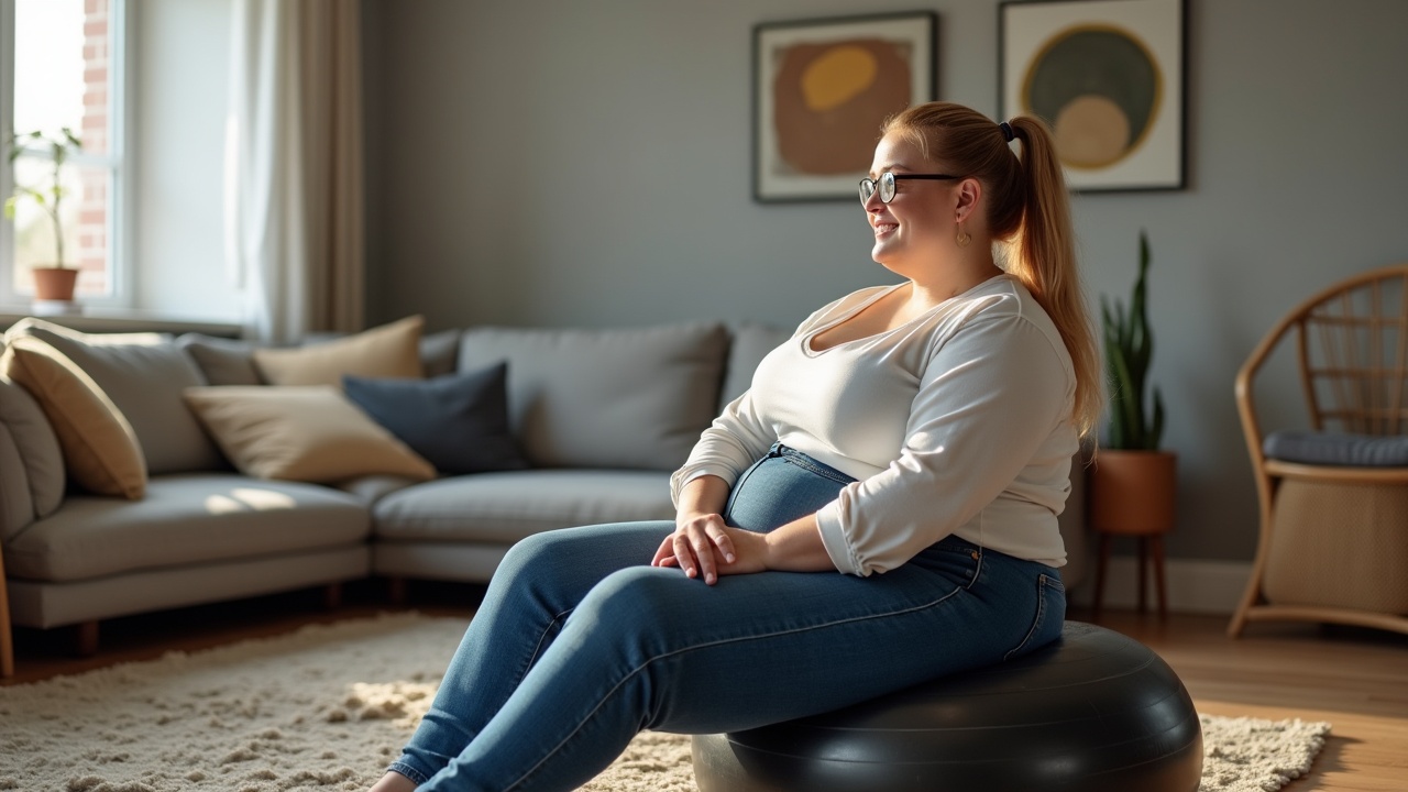 The image captures a beautiful young woman sitting comfortably on a slightly deflated black exercise ball in a cozy Danish living room. She has long blond hair styled in a ponytail and wears glasses, which add to her charm. Her outfit consists of tight jeans and a low-cut long-sleeved shirt, accentuating her curvy figure. The room is decorated with soft, neutral colors and features inviting furniture, including a sofa and a chair. Warm sunlight filters in through the window, giving the scene a welcoming ambiance.