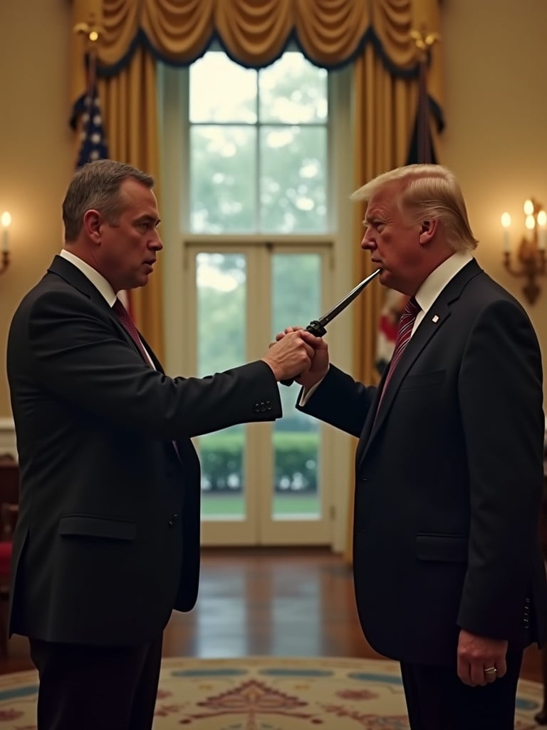 A dramatic scene set in the oval office with two figures engaged in a knife fight. The setting features elegant decor with natural light coming through the windows. A tense atmosphere is created by the confrontation.