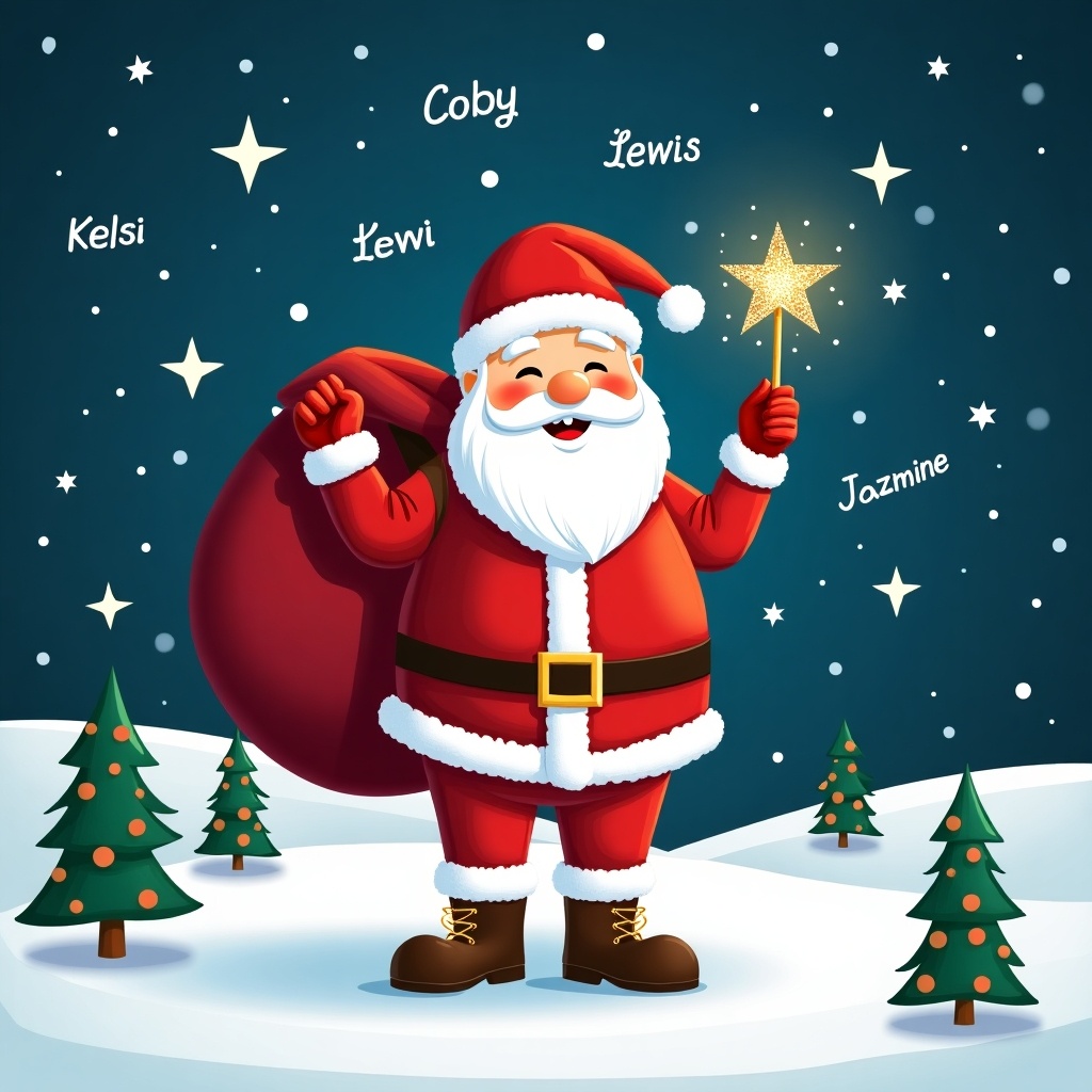 The image features a cheerful Santa Claus standing proudly in a snowy landscape. He is dressed in his traditional red and white outfit, complete with a black belt and brown boots. A large red sack is slung over his shoulder while he holds a sparkly wand. The night sky behind him is filled with twinkling stars and the names Coby, Lewis, Kelsi, Jazmine, and Lottie are playfully scattered among them. Pine trees add to the winter setting, enhancing the festive atmosphere around Santa as he spreads holiday cheer.