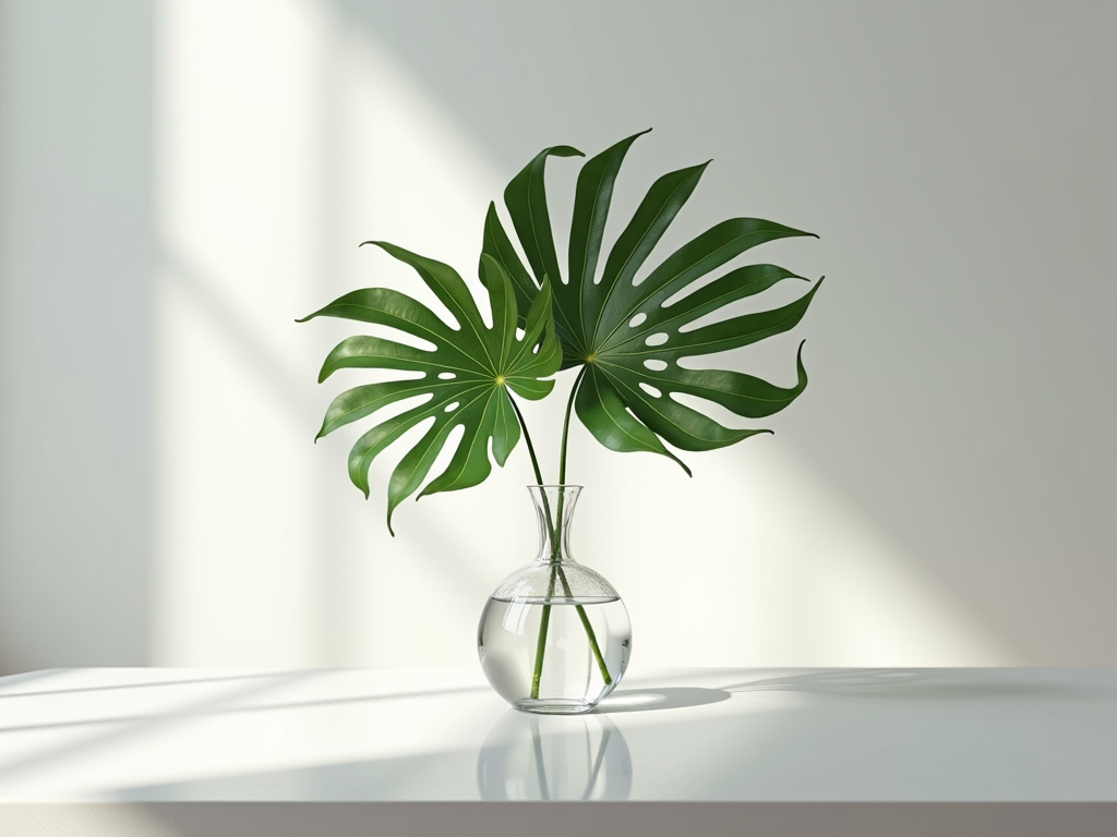 Two lush Monstera leaves in a clear glass vase, casting soft shadows in a sunlit minimalist interior.