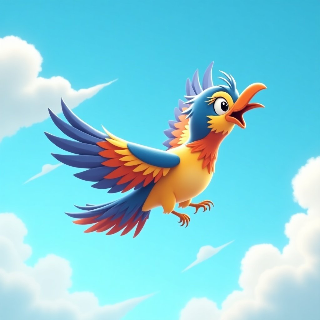 Bird animation flying in a vibrant blue sky with fluffy clouds. The cartoon bird has colorful feathers and is depicted in an expressive pose.