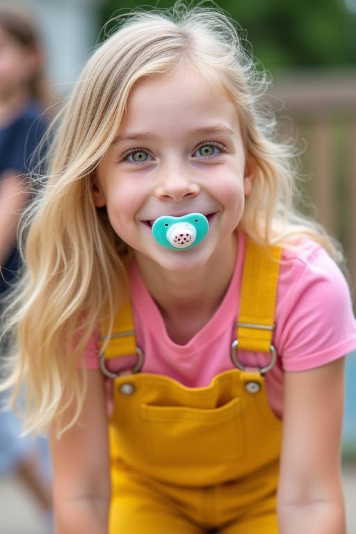 A 6-year-old girl with light blond hair and green eyes wears a pink t-shirt and yellow dungarees. She plays in a school playground with a pacifier in her mouth. She appears to be smiling in the joyful setting.