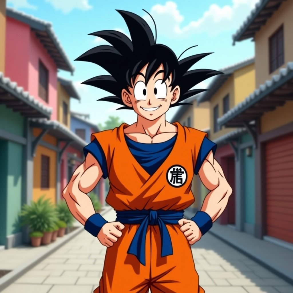 The image features Goku from the anime Dragon Ball in his iconic orange gi. He is smiling widely, radiating confidence and energy. The background includes a charming, colorful street with traditional architecture. Goku's spiky black hair stands out as a signature trait. The lively setting and Goku's joyful expression create a fun atmosphere that feels vibrant and engaging. This depiction of Goku is perfect for attracting attention on social media platforms.