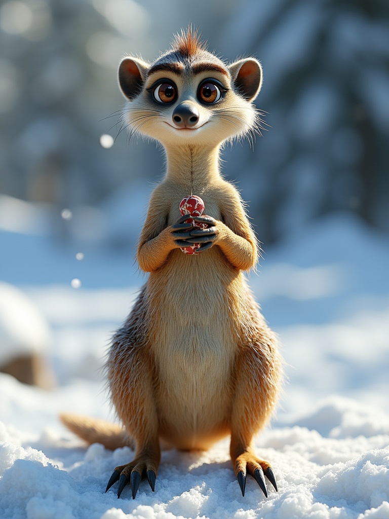 A cute animated meerkat character stands in the snow while holding a red object. The setting is wintery with white snow. The meerkat has large expressive eyes and a fluffy tail. It looks friendly and curious.