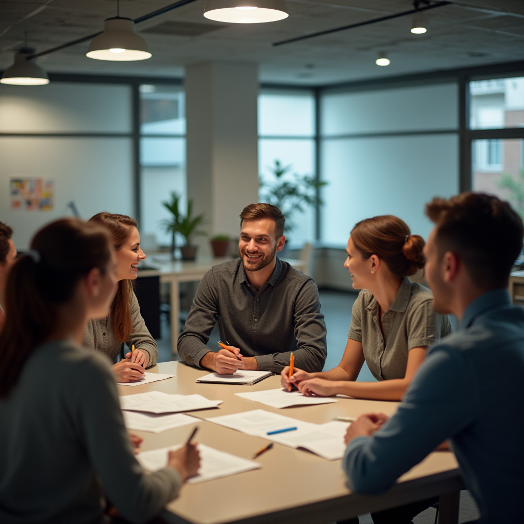 A group of colleagues engaging in a cheerful meeting at a contemporary office.