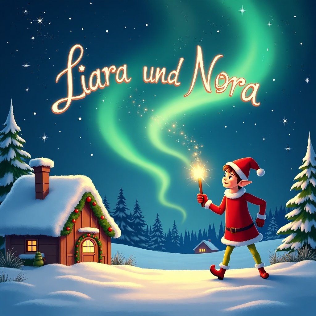 Charming Christmas scene with colorful northern lights. Cozy house decorated for holidays. Snow covers ground. Elf in playful position embodies magic and wonder. Name 'Liara und Nora' written in the air with wand.