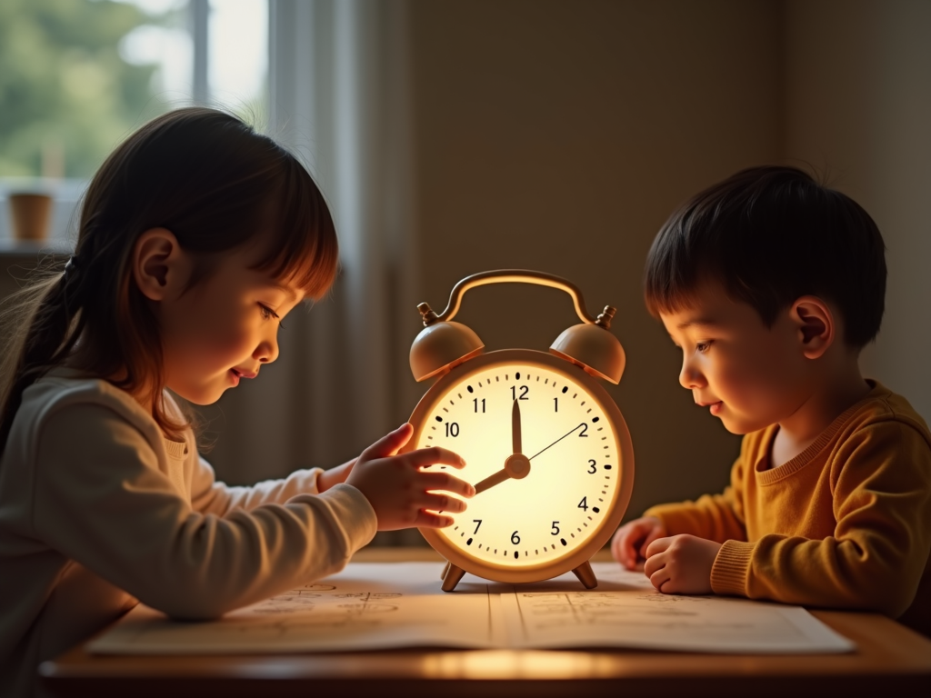 Two children sit at a table, fascinated by a large, glowing alarm clock.