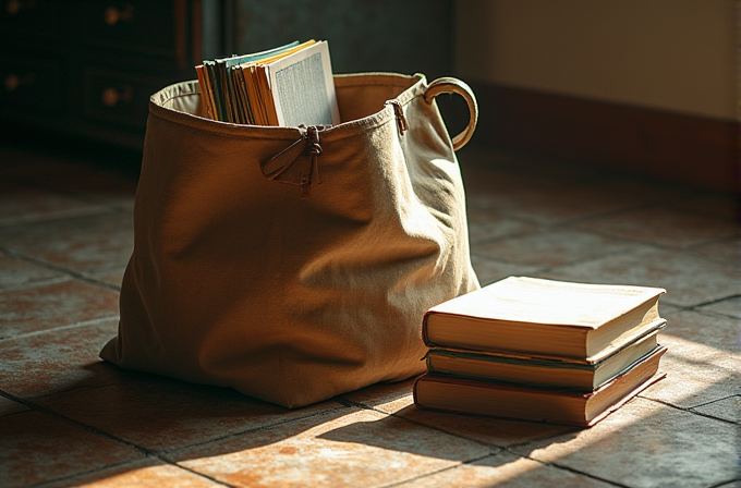 A sunlit room with a canvas bag filled with books and a stack of hardcover books on a tiled floor.