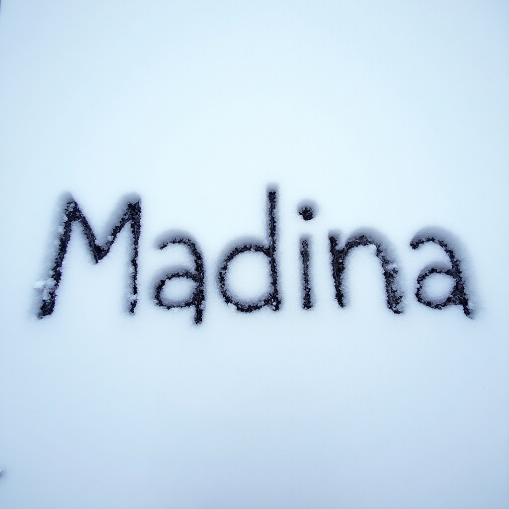 Write the name Madina in the snow. Display the text created in a snowy setting.