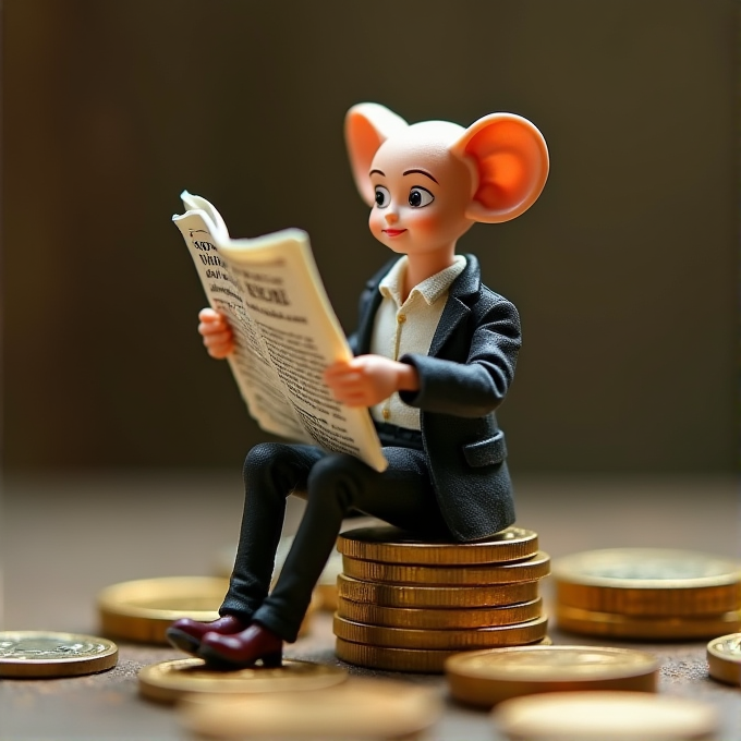 A cartoon-like figure with large ears, dressed in a suit, sits on a stack of golden coins, reading a newspaper.