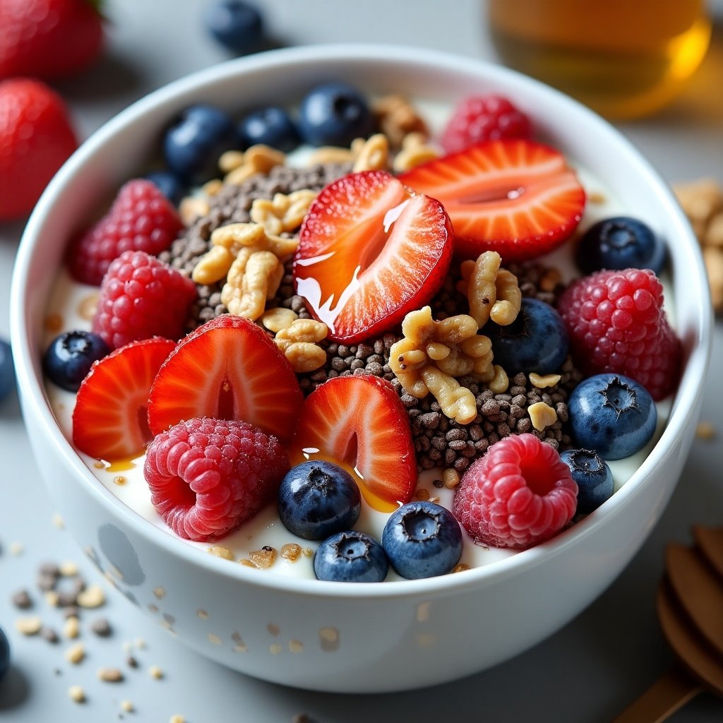 Large bowl filled with yogurt topped with mixed berries including strawberries raspberries and blueberries. Garnished with granola walnuts and chia seeds. Drizzled with honey to enhance flavor.