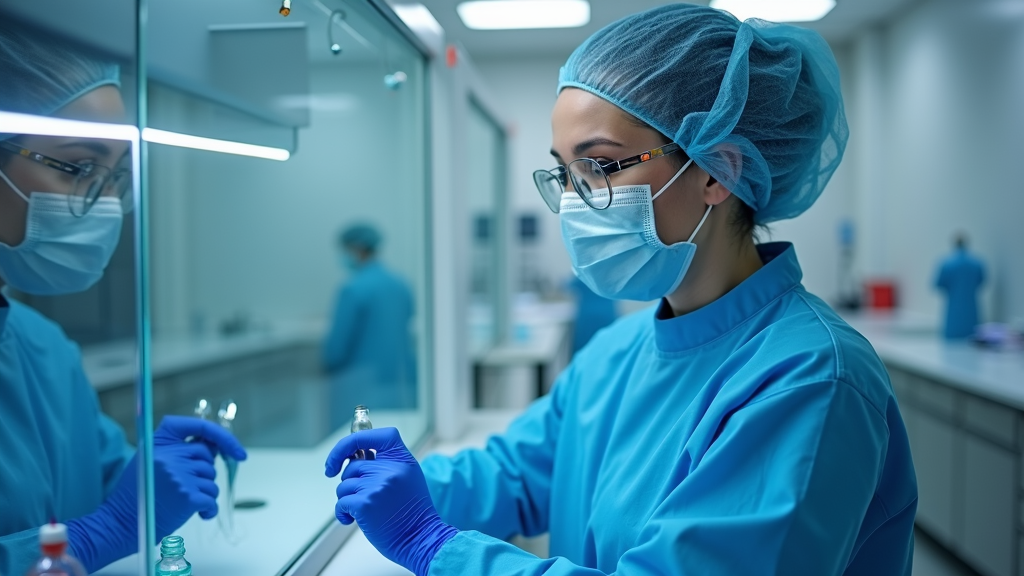 A scientist in a clean room suit and safety gear works intently in a laboratory setting.