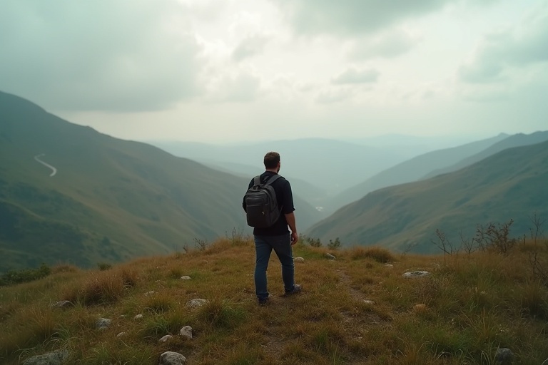 A man stands on a grassy hilltop. The view is expansive and mountainous. The man is looking towards the horizon. The scene conveys a sense of adventure and exploration.