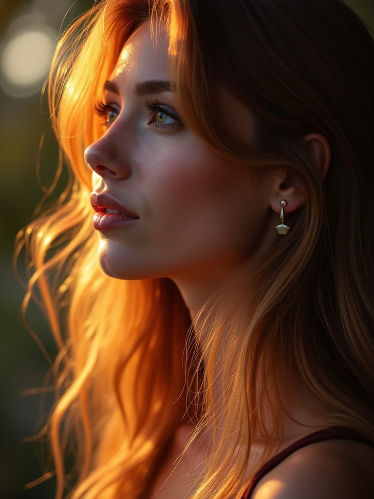 A woman with shiny hair viewed from the side. Hair illuminated by warm natural light. Profile showcases hairstyle and texture.