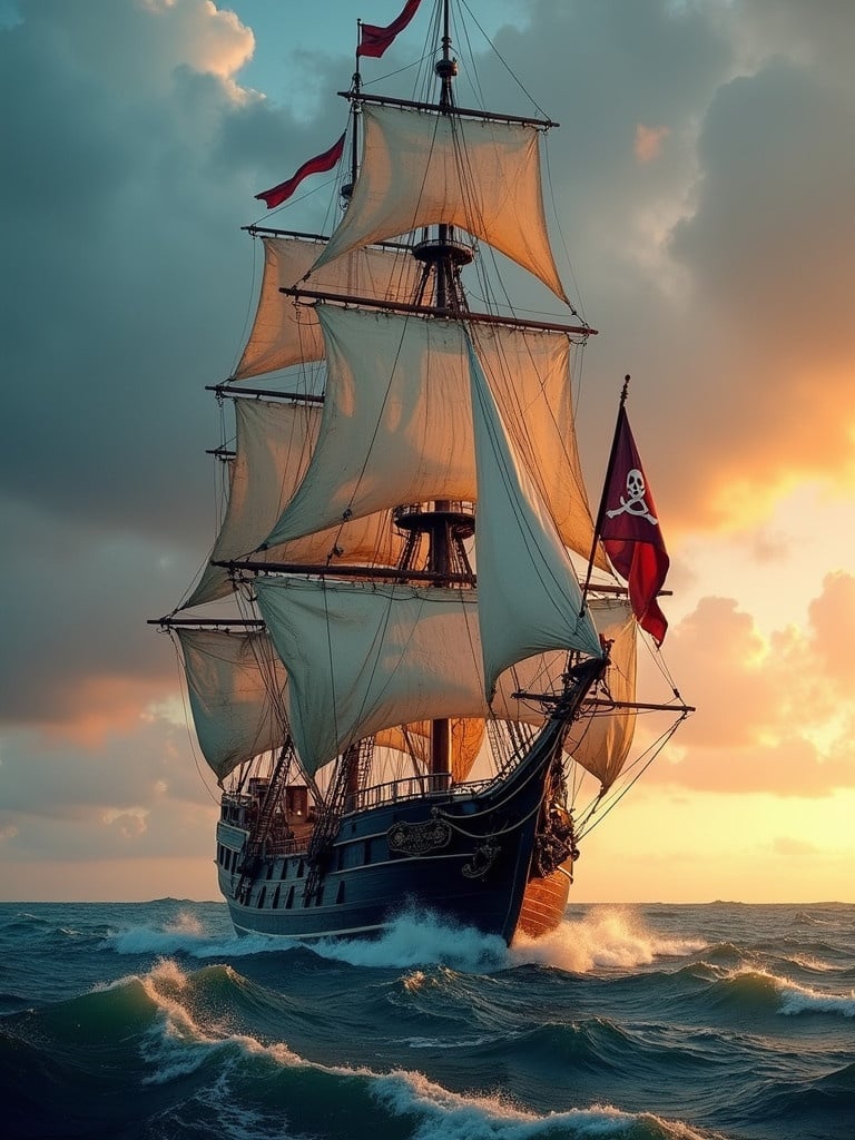 An old pirate ship representing Queen Anne's Revenge. Features include white sails and Blackbeard's flag. The ship sails on a stormy ocean during sunset. Very detailed visuals of the ship and the sea.