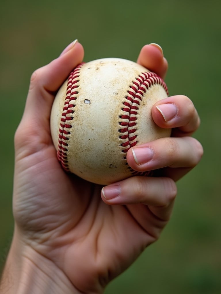 A hand gripping a worn baseball. The grip is firm, showing the texture of the ball. The background is blurred with a hint of green grass. The fingers are positioned for a pitch.