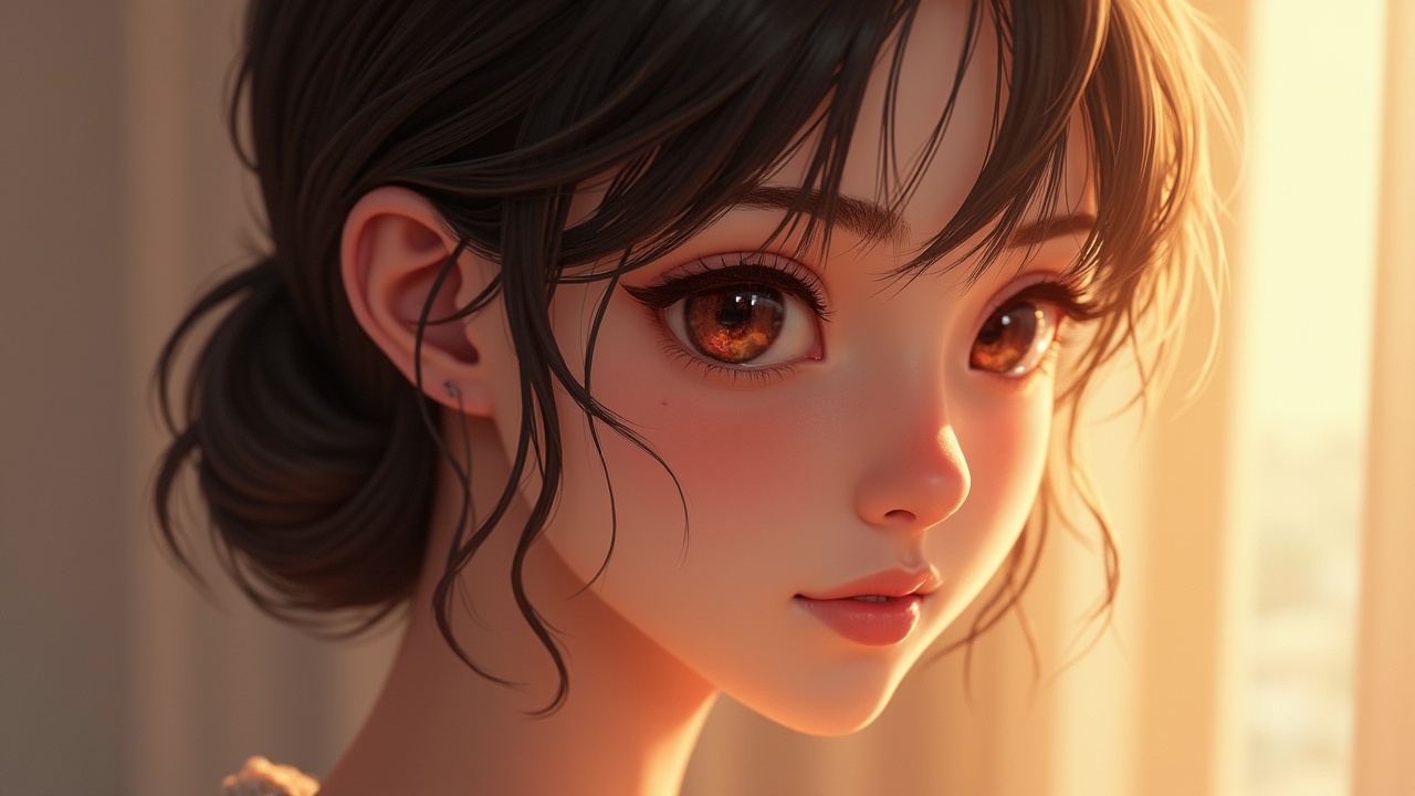 This is a captivating digital illustration of a young woman with large, expressive eyes gazing softly at the viewer. The warm glow of the sunlight bathes her face, highlighting her delicate features and creating a serene, tranquil atmosphere. Her hair is styled softly, with strands framing her face, adding to the gentle and intimate mood of the scene.