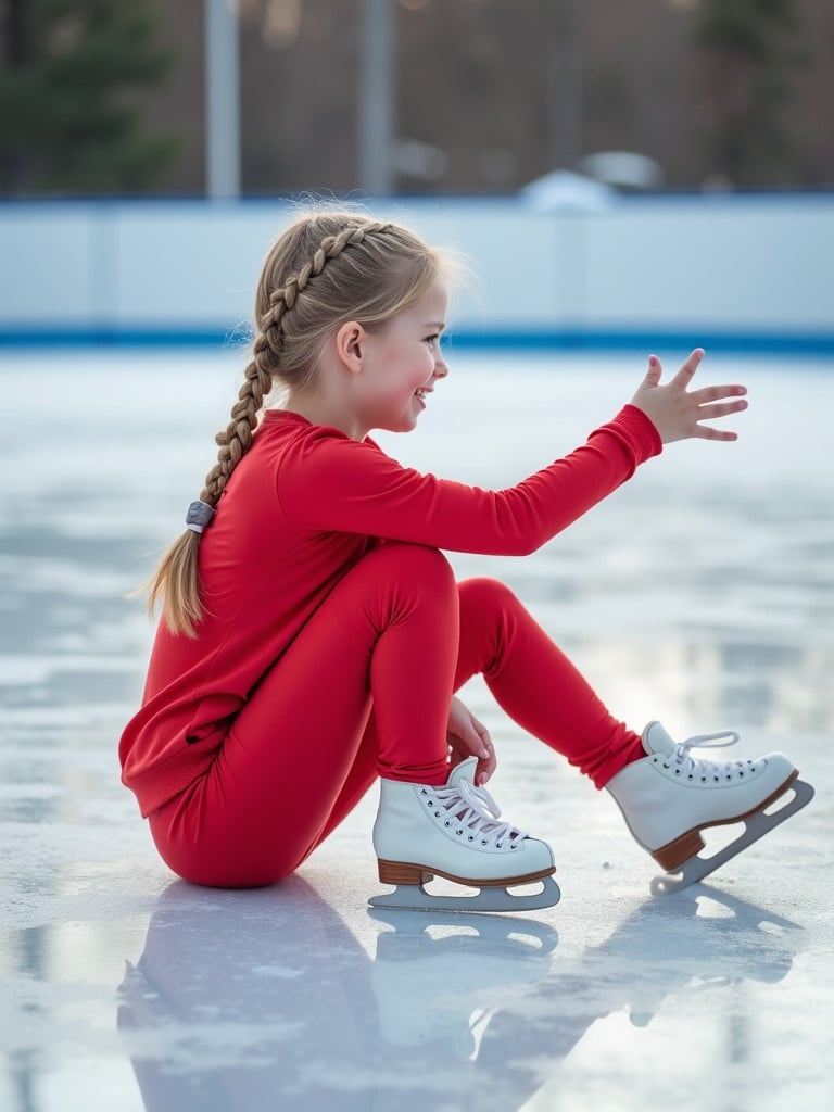 A young girl sits on the ice while ice skating after falling. She wears a red long-sleeve top and leggings with white skates. Her blonde hair is in a braid. She has one hand extended to the side. The rink appears empty.