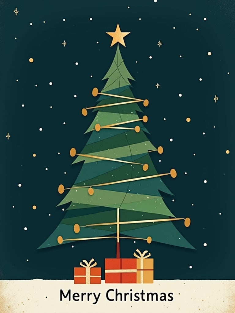 Christmas card design showcases a minimalist tree. Tree features geometric shapes in green with gold accents. Background is deep navy blue with stars and snowflakes. Beneath the tree are wrapped presents. Bold gold letters say Merry Christmas.