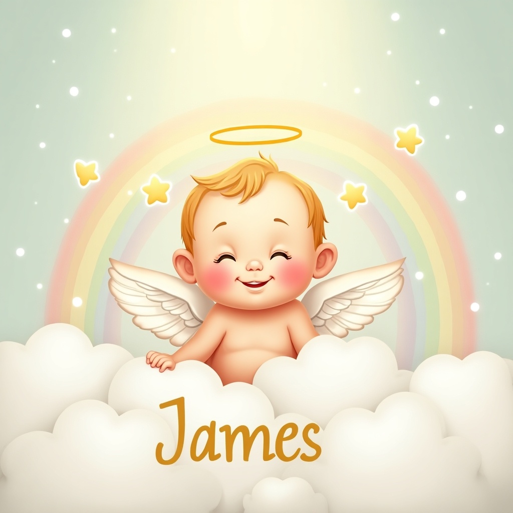 This illustration features a cute baby named James, depicted as an angel with a gentle smile. He has a soft golden hairstyle and chubby cheeks, giving him an adorable appearance. Surrounding him are fluffy white clouds and a vibrant rainbow arching in the background. The scene is accentuated by small, sparkling stars floating around him, enhancing the heavenly theme. The name 'James' is artistically written in a playful font below the baby. The colors are soft and pastel, making it perfect for a child’s nursery or a baby-themed project.