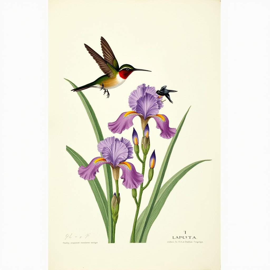 A colorful illustration of two hummingbirds hovering near vibrant purple lilies.