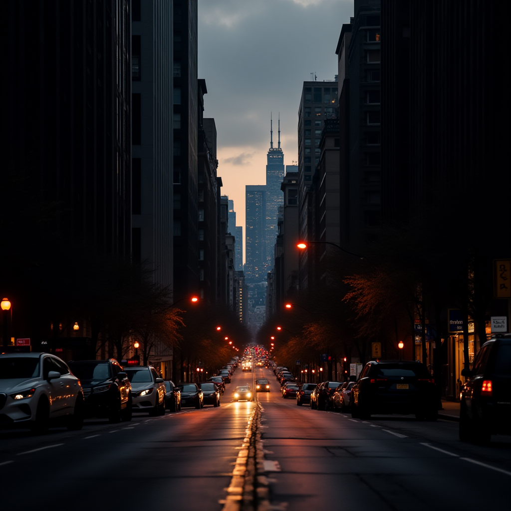 A long street in the city at dusk with cars and a tall building in the distance.