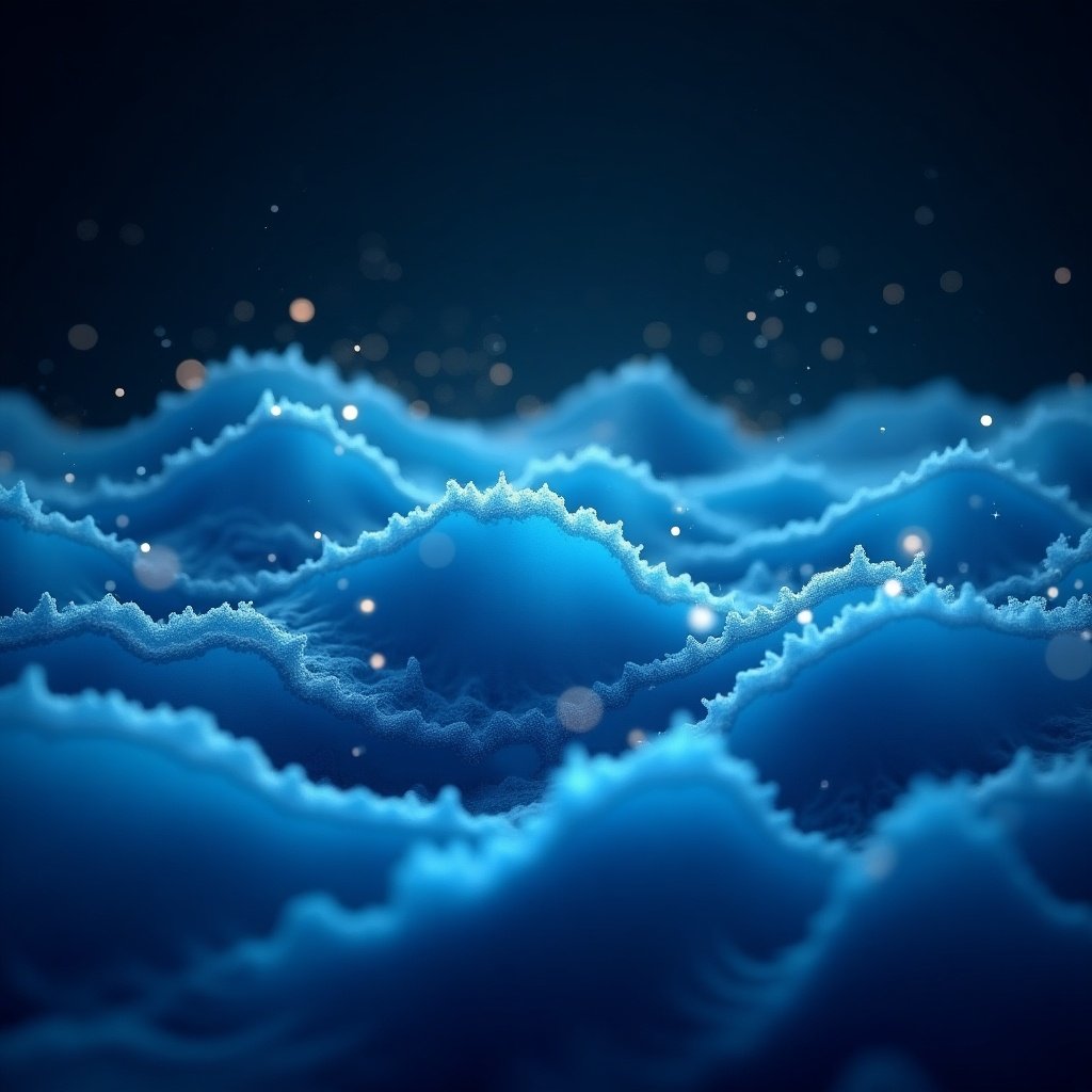 Abstract blue waves shimmer with light. Waves have ethereal quality evoking tranquility. Small sparkles add depth and texture. Color palette features blue and cyan against dark background. Creates magical atmosphere for digital applications.