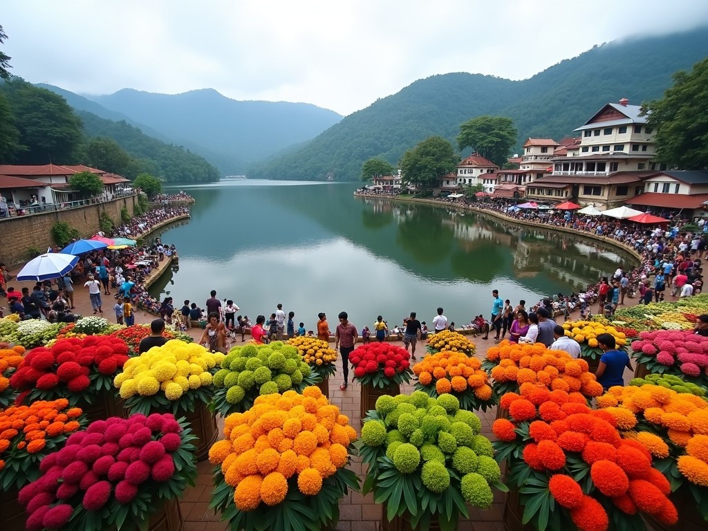 The image captures a vibrant flower festival at a picturesque lake in Kandy, Sri Lanka. In the foreground, stunning arrangements of colorful flowers in vibrant hues create a striking visual impact. People surround the lake, showcasing a lively community atmosphere. Lush green mountains rise in the background, partially shrouded in mist. The scene reflects a blend of natural beauty and human festivity.