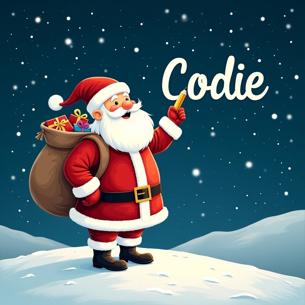 Santa Claus stands on snowy hill under starry night. He writes names in sky with pencil. He dressed in red and white. A large sack of gifts is on his back. The name 'Codie' is displayed in whimsical font.