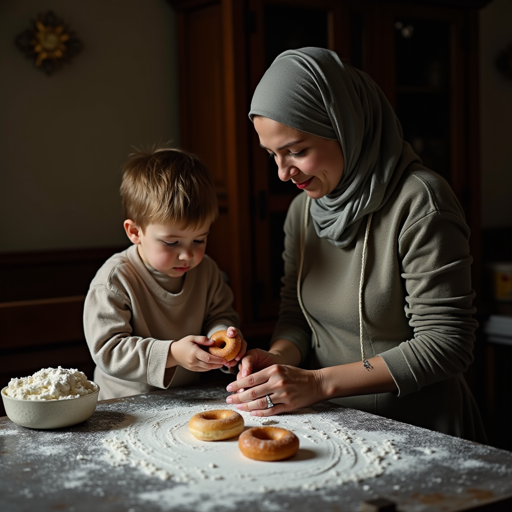 A woman and a child are making donuts together at a flour-dusted table.