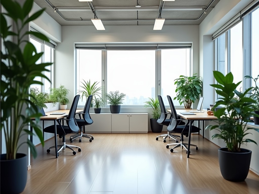 The image showcases a modern office environment that emphasizes minimalism and functionality. The layout is flexible, perfect for small teams looking for a collaborative workspace. Although it features large windows, the focus remains on ergonomic furniture that enhances productivity and comfort. Potted plants strategically placed throughout the office bring warmth and greenery to the professional atmosphere. The space is compact, at 200 square feet, with a ceiling height of 2.4 meters, promoting efficient use of space while maintaining a stylish aesthetic.