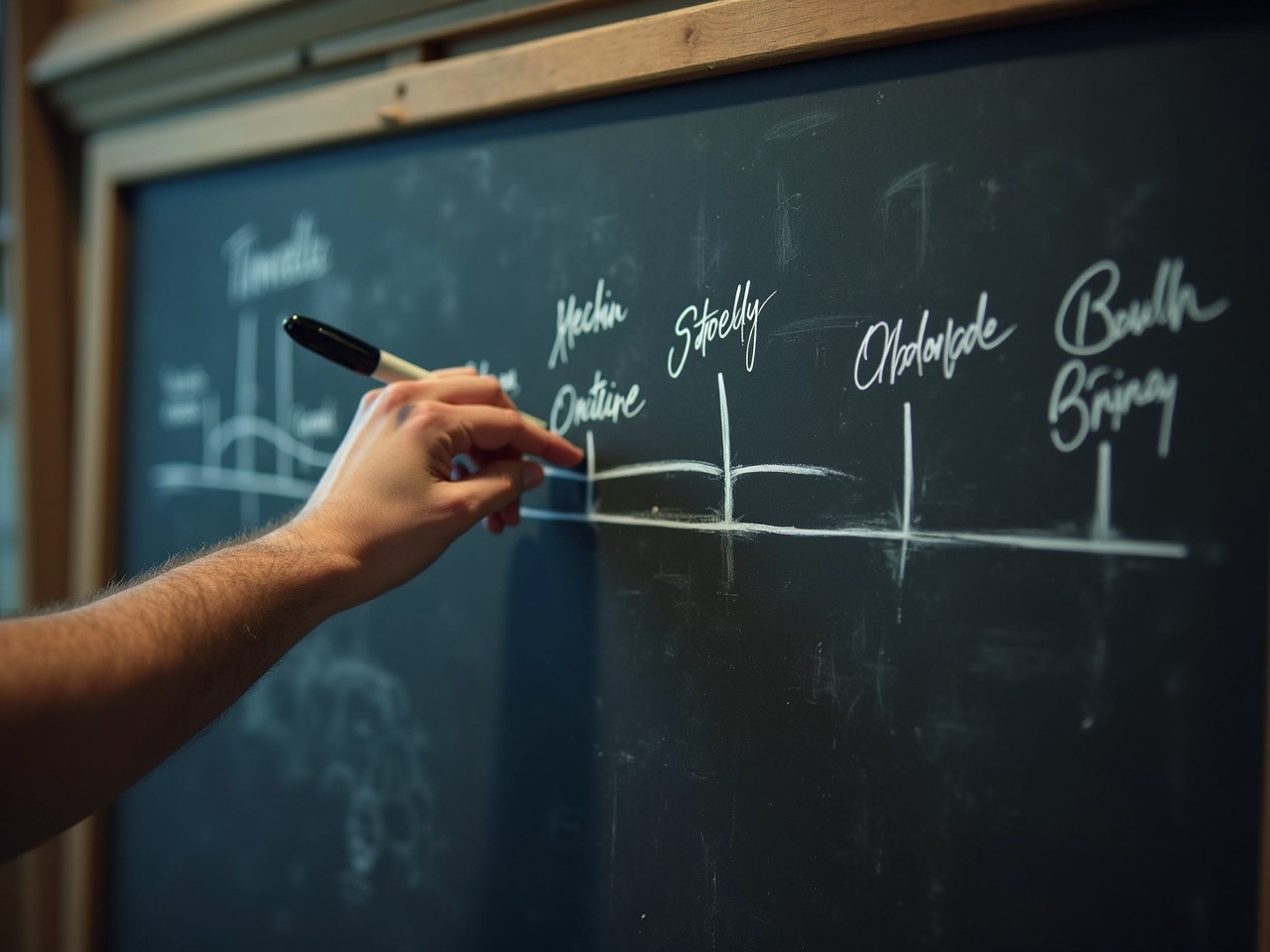 A writer is focused on drawing a timeline for their novel on a blackboard. The hand is holding a black marker, carefully connecting different events and characters. The blackboard is filled with handwritten notes, symbolizing the story's progression. This scene captures the essence of planning and creativity in writing. The background is blurred, emphasizing the writing process.