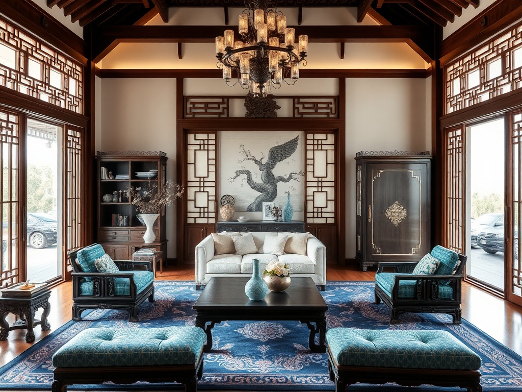 This image showcases a beautifully designed living room that features traditional Asian elements. The space is dominated by a large white sofa, complemented by stylish teal chairs. A striking chandelier hangs from the ceiling, illuminating the rich wooden architecture. Large windows let in natural light, enhancing the inviting atmosphere. Blue and gold accents in the decor add a touch of elegance, while a beautiful artwork of a phoenix adorns the wall, reflecting cultural significance. The overall ambiance is warm and welcoming, perfect for relaxing or entertaining guests.