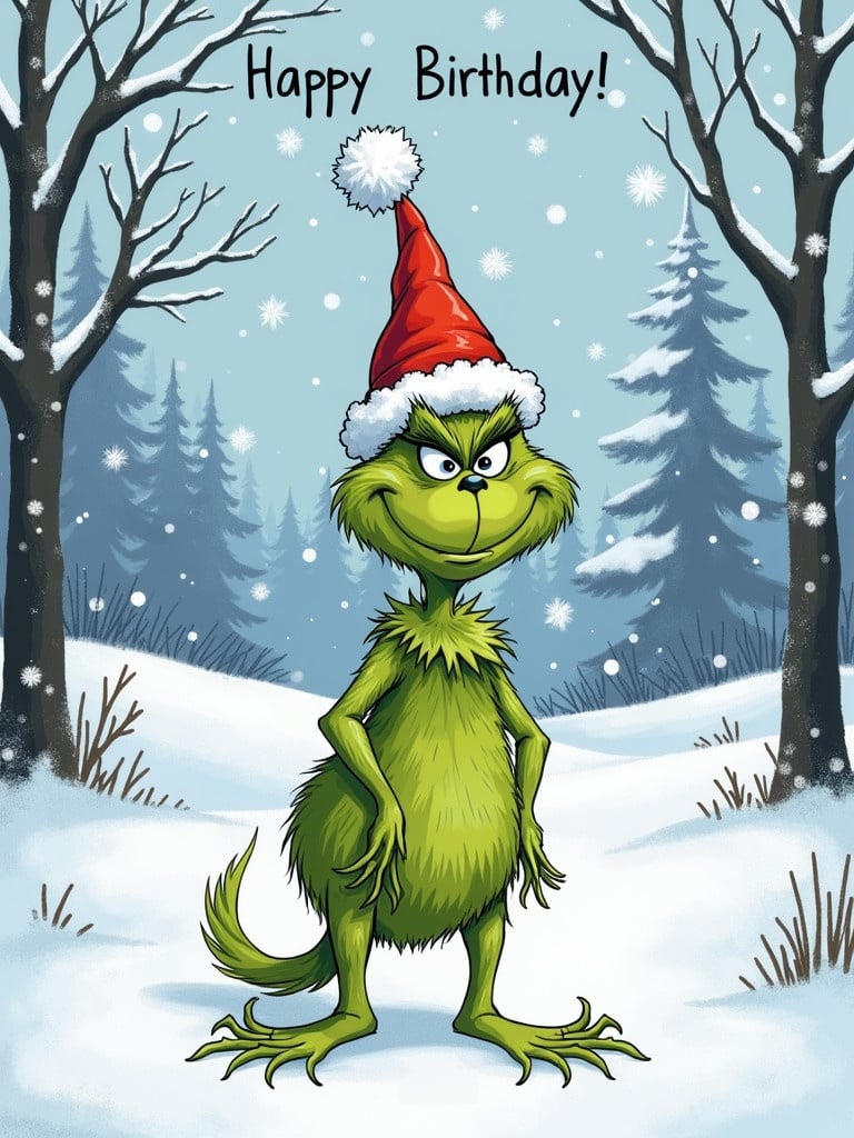 Grinch character named Martin stands in snow-covered landscape. Happy Birthday written above. Winter background with snow-covered trees. Grinch wears a red Santa hat. Green fur and mischievous grin are visible.