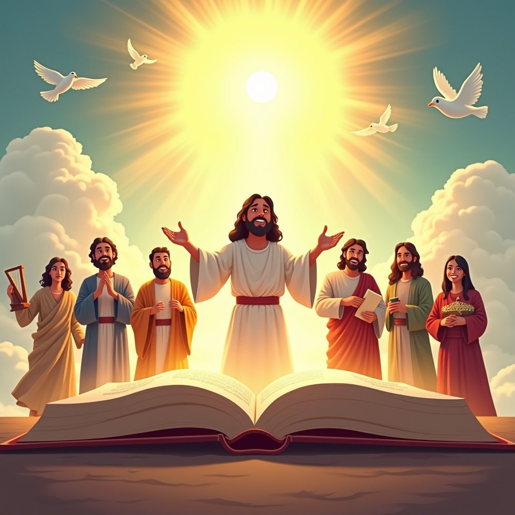 Cartoon illustration depicts an open Bible glowing with bright light. Seven biblical figures emerge from the book. Jesus stands in the center with arms wide open. Surrounding figures include David with a harp, Daniel holding a scroll, Samson showing strength, Moses with the Ten Commandments, Esther dressed royally, and Noah with a miniature ark. Background showcases radiant sunlight, soft clouds, angels, and doves creating a magical atmosphere.