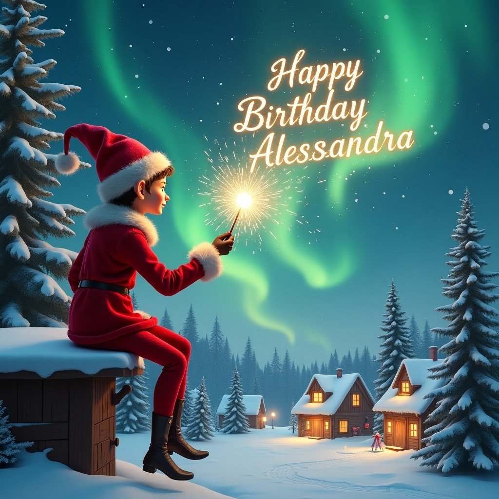 An elf gazes at a magical sky. The elf wears a red outfit and holds a sparkling wand. The elf writes 'Happy Birthday Alessandra' in the sky. Background shows snowy landscape with houses and evergreen trees under Northern Lights. Scene captures childhood magic and Christmas cheer.