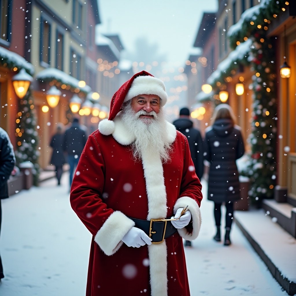 Santa Claus in traditional red attire writing name Rylee in fresh snow on a snowy street lined with charming buildings. Winter light creates a warm atmosphere. Cheerful and festive scene for holiday celebration.