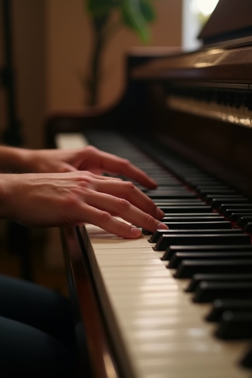 Scene captures a close-up of hands playing a piano. The focus is on fingers pressing black and white keys. The background is softly blurred to emphasize the action. Natural light creates an inviting atmosphere.