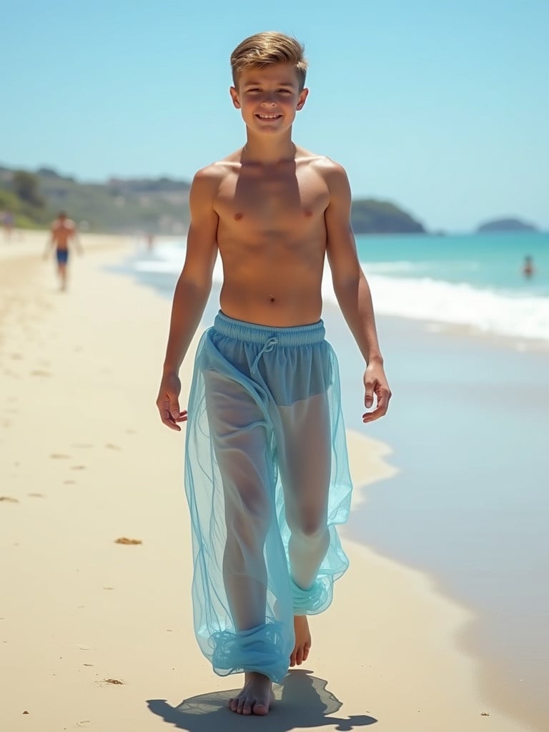 Young muscular slim teenage boy walks down the beach shirtless. He wears loose low hanging sheer see-through sweatpants with blue tint. Background is a sunny beach with gentle waves.