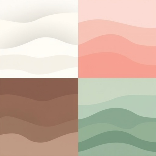 Illustration with four quadrants. Top-left shows white noise with waves in white and light gray. Top-right has pink noise with shades of pink and soft red. Bottom-left features brown noise with earthy tones in brown. Bottom-right depicts green noise with natural patterns in green. Minimalistic and harmonious design.