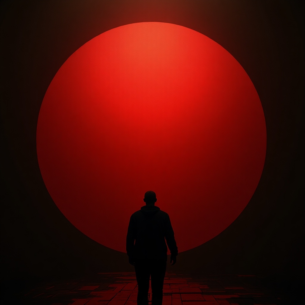 The image features a silhouette of a person standing in front of an enormous red circle. The dominant color is a deep red, creating a dramatic and ominous atmosphere. The lighting is dim, enhancing the contrast between the figure and the bright circle. The scene evokes feelings of mystery and introspection. The setting appears minimalist, focusing on the interaction between the human form and the colossal circle behind it.