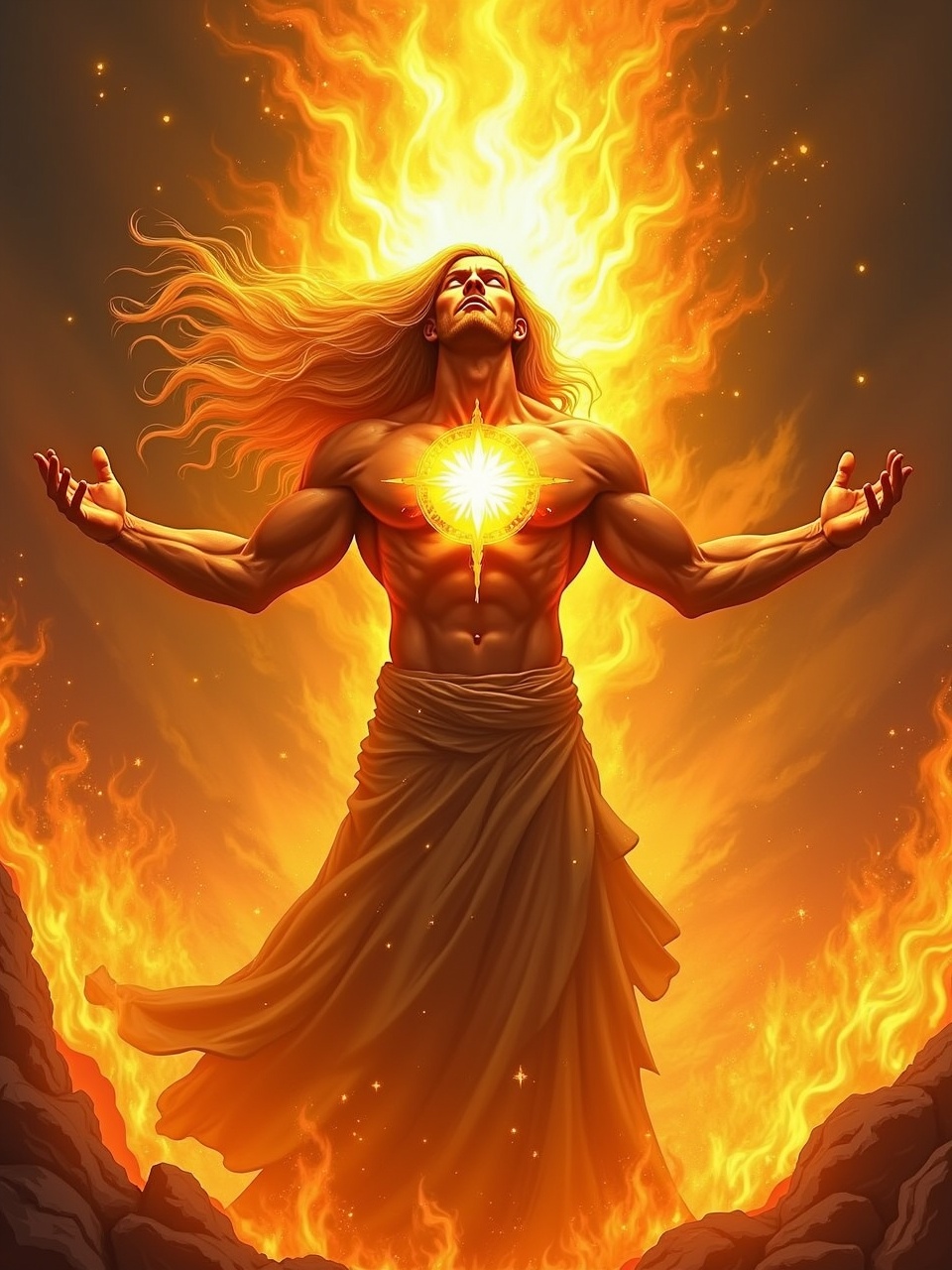 A powerful figure surrounded by flames, embodying strength and energy.