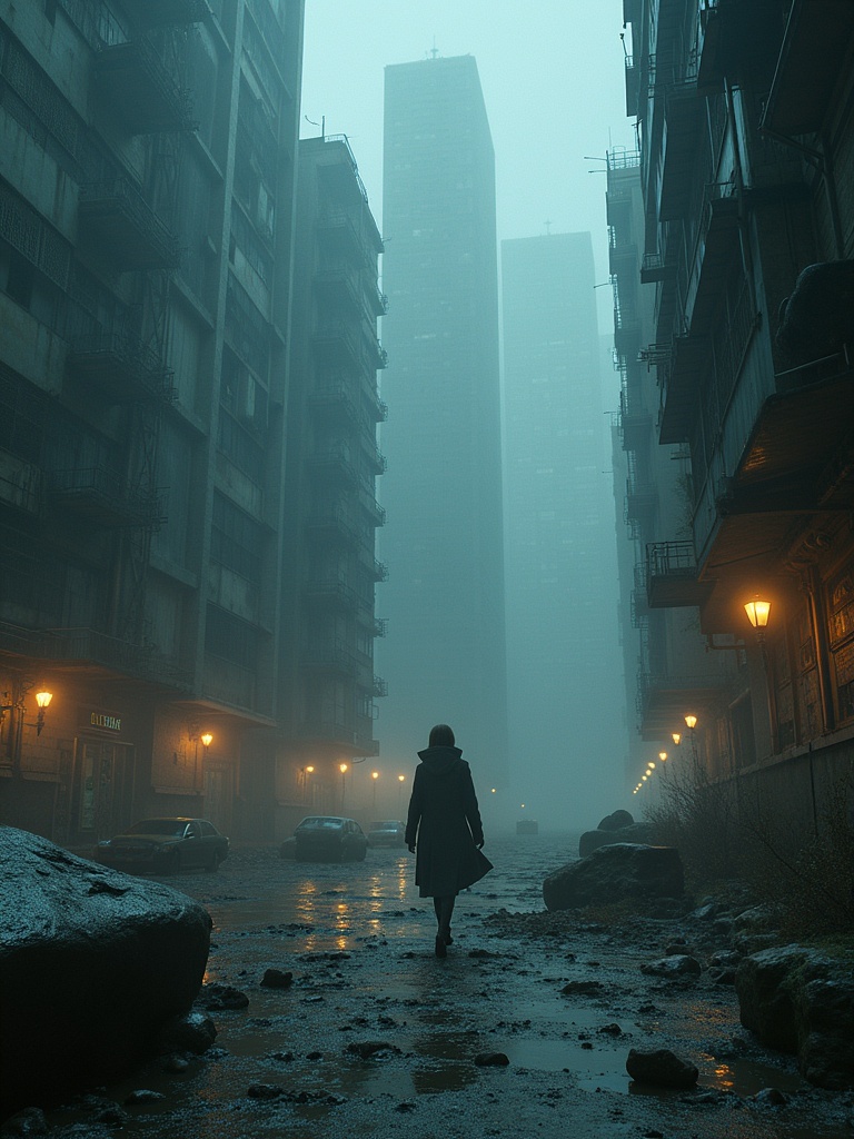 A woman walks down a desolate urban street. Tall buildings loom in the fog. The atmosphere is mysterious and eerie. Shadows and mist create a surreal setting. The ground is wet and rocky, reflecting the dim lights of the street.