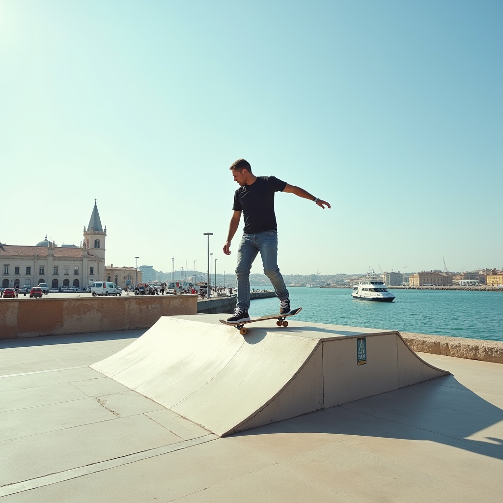 A person skateboards on a ramp near the waterfront with a boat in the background.