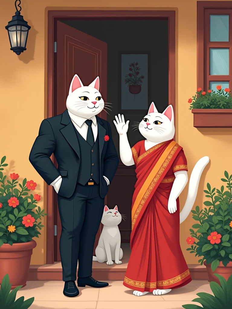 Illustration of a charming house entrance in a vibrant cat community. A muscular white cat in a black suit stands confidently at the door. Beside him, an elegant white cat in a flowing red sari waves warmly. A cozy garden with colorful flowers and greenery is in the background. The scene radiates cheerfulness and anticipation for a gathering.