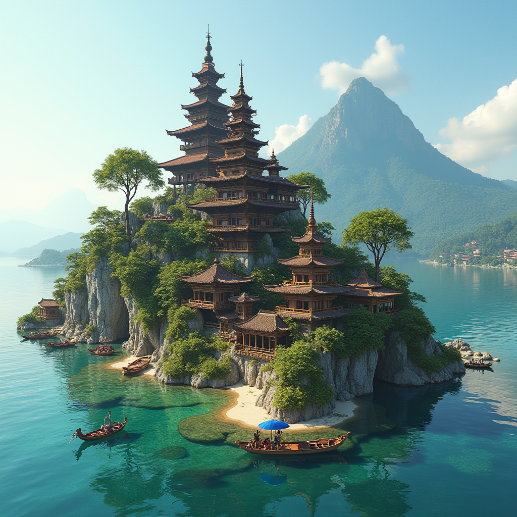 A majestic pagoda stands on a lush island surrounded by calm, turquoise waters, with boats gently floating nearby.