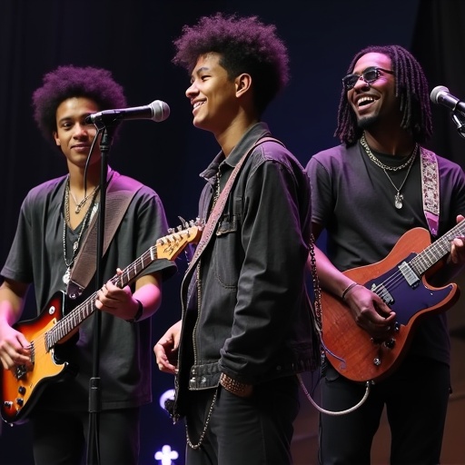 Biracial male plays guitar wears leather jacket. Darkskin male with dreadlocks plays keyboard. Darkskin female with glasses holds microphone. They perform on stage during a photo shoot.